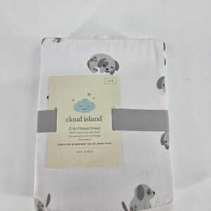 Cloud Island Crib Fitted Sheet 100% Cotton Puppy Gray White Dog Print New